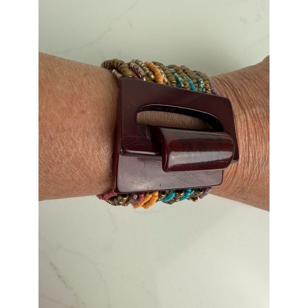 Vintage Mod Bracelet Chunky Lucite Avant Garde Beaded Stretch Wide Boho Artsy